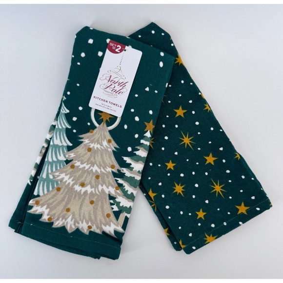 North Pole Trading Co Set of 2 Christmas Kitchen Towels Green Trees Stars NWT - Picture 4 of 5
